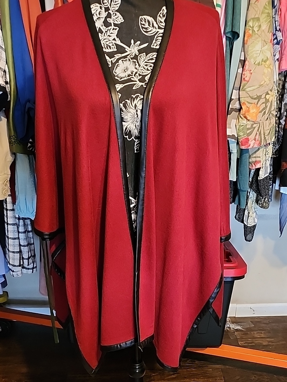 Classic Open-Front Dark Red Knit Poncho Sweater